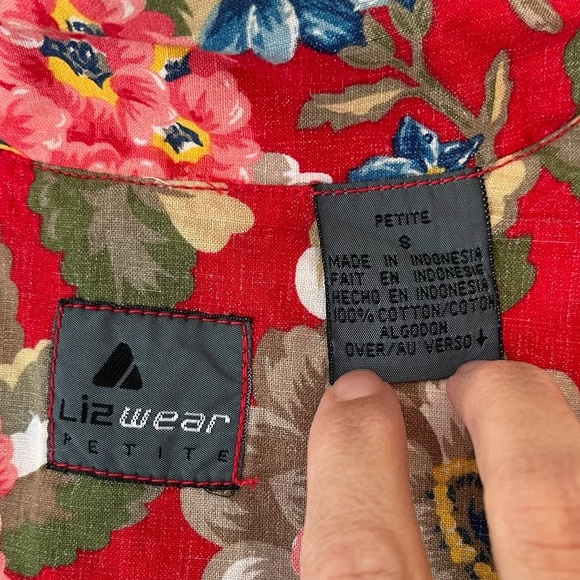 Vintage LizWear Petite red Hawaiian button down shirt short sleeve SP cotton - Picture 12 of 13